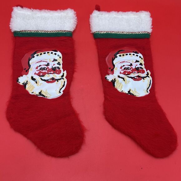 2 VTG Vinyl Face Santa Claus Christmas Stocking Red Velvet Plush Texture Pair - Picture 1 of 4